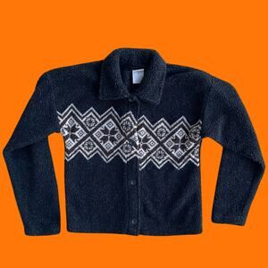 90's vintage snowflake fair isle fleece collared button up cardigan sweater S